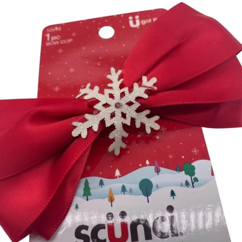 Scunci‎ Winter Snowflake Hair Clip Red & White Bow Tie Christmas Xmas 12548